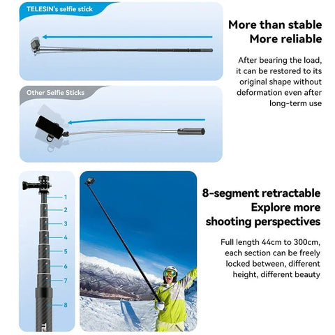 Telesin Handstativ - Selfiepinne Kolfiber 440-3000mm - V3 - Action King
