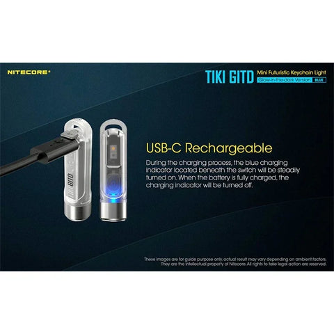 Nitecore TIKI GITD sininen avaimenperävalo USB-C - 300lm