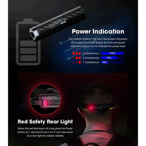 Nitecore Carbon 6K -sarja - Vedenpitävä hiilikuituakku - 6000mAh + pääpantasarja