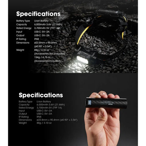 Nitecore Carbon 6K -sarja - Vedenpitävä hiilikuituakku - 6000mAh + pääpantasarja