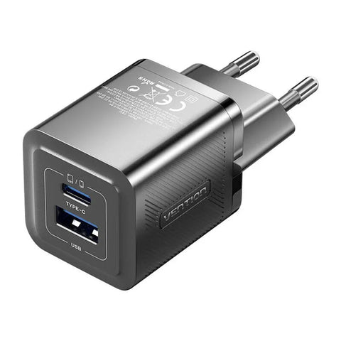 Vention Charger FEQB0-EU GaN - Seinälaturi - Pikalaturi QC3.0+ / PD 30W - 100-240V, 2xUSB Type A/C - Musta