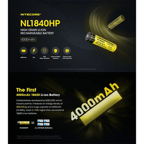 Nitecore NL1840HP Li-ion 18650 Batteri - 4000mAh, 3.6V, Max 10A – ActionKing