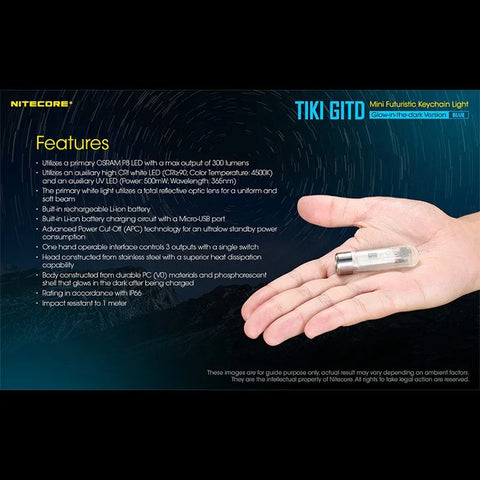 Nitecore TIKI GITD sininen avaimenperävalo USB-C - 300lm