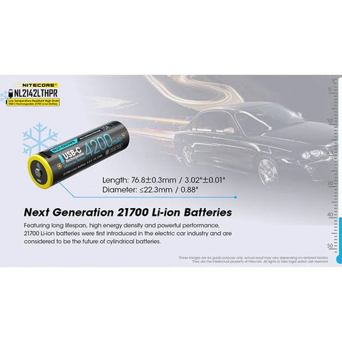 Nitecore NL2142LTHPR Li-ion 21700 akku, matala lämpötila - 4200mAh, 3,6V, maks. 15A, USB-C-lataus