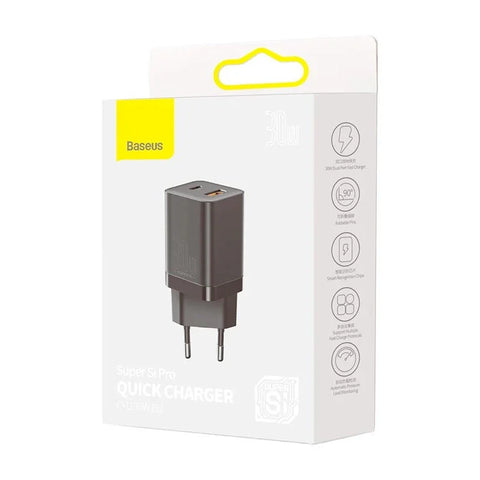 Baseus Super Si Pro Quick Charger - Väggladdare - Snabbladdare QC3.0 / PD 30W - 100-240V till USB - 2xUSB Typ A/C - Svart