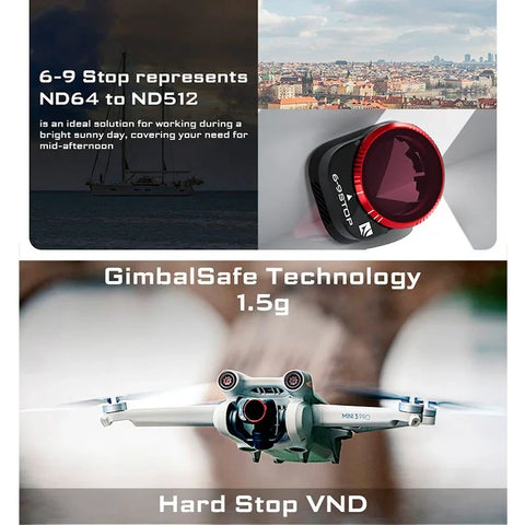Freewell-suodatin VND kovapysäytin DJI Mini 3 Pro / Mini 3:lle, 2-pakkaus - ND4 - 32 + ND64 - 512, säädettävä ND - sarja