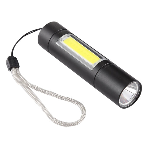 A1 USB-uppladdningsbar vattentät ficklampa med fast fokus, XPE + COB-ljus, 3 ljuslägen och förvaringslåda