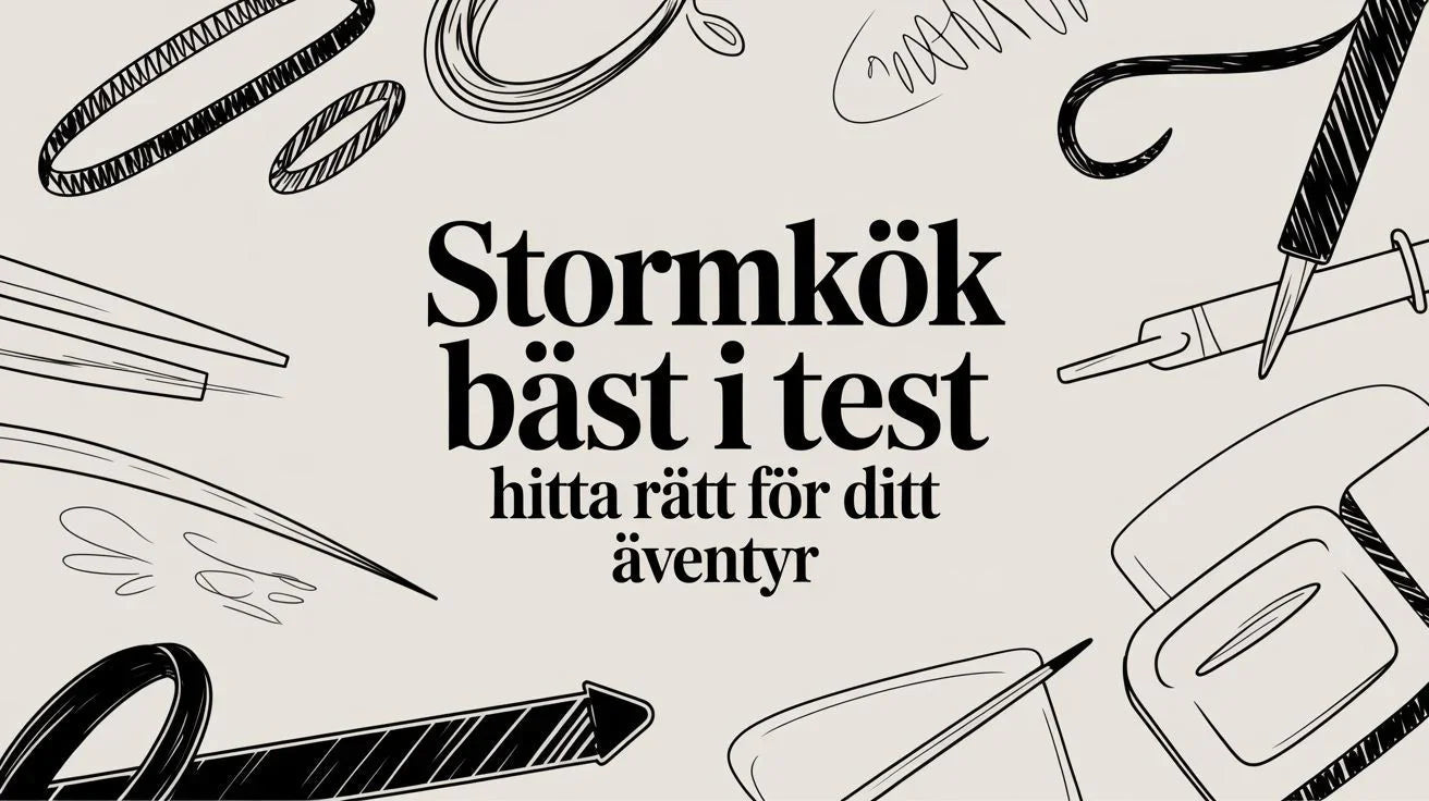 Illustration med texten Stormkök bäst i test och textade friluftsartiklar i svartvit design