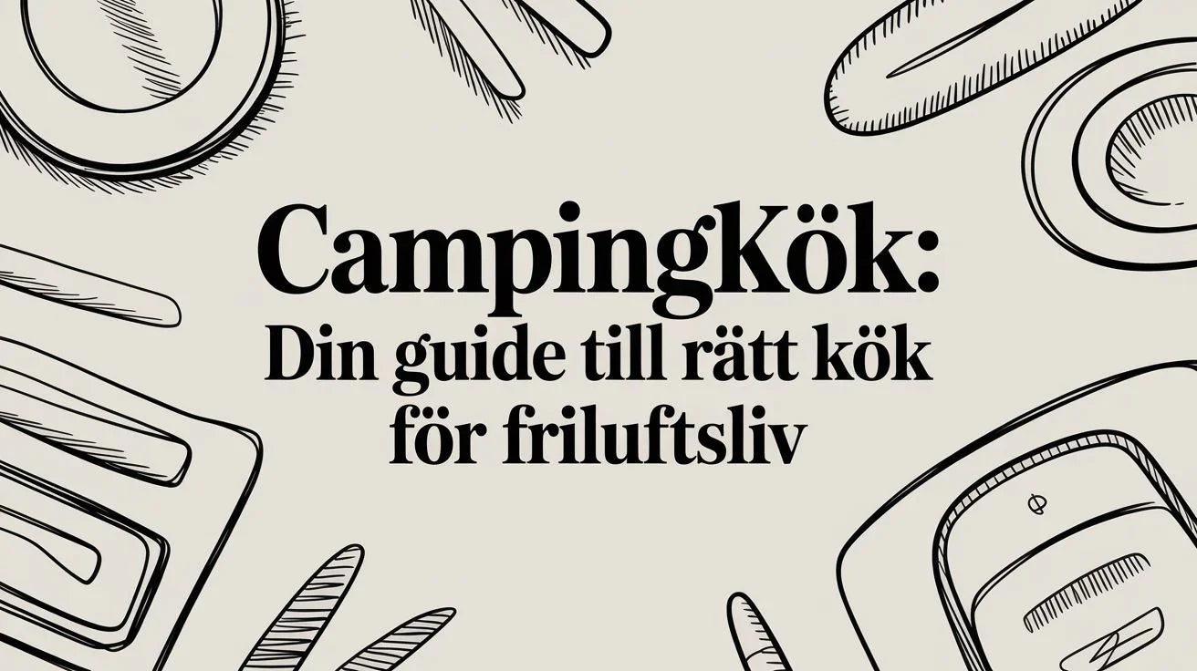 Illustration med köksredskap och text CampingKök: Din guide till rätt kök för friluftsliv
