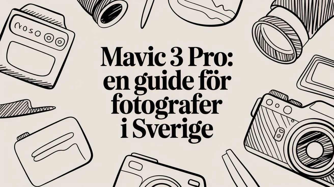 Skissartade kamerautrustningar runt texten Mavic 3 Pro guide för fotografer i Sverige