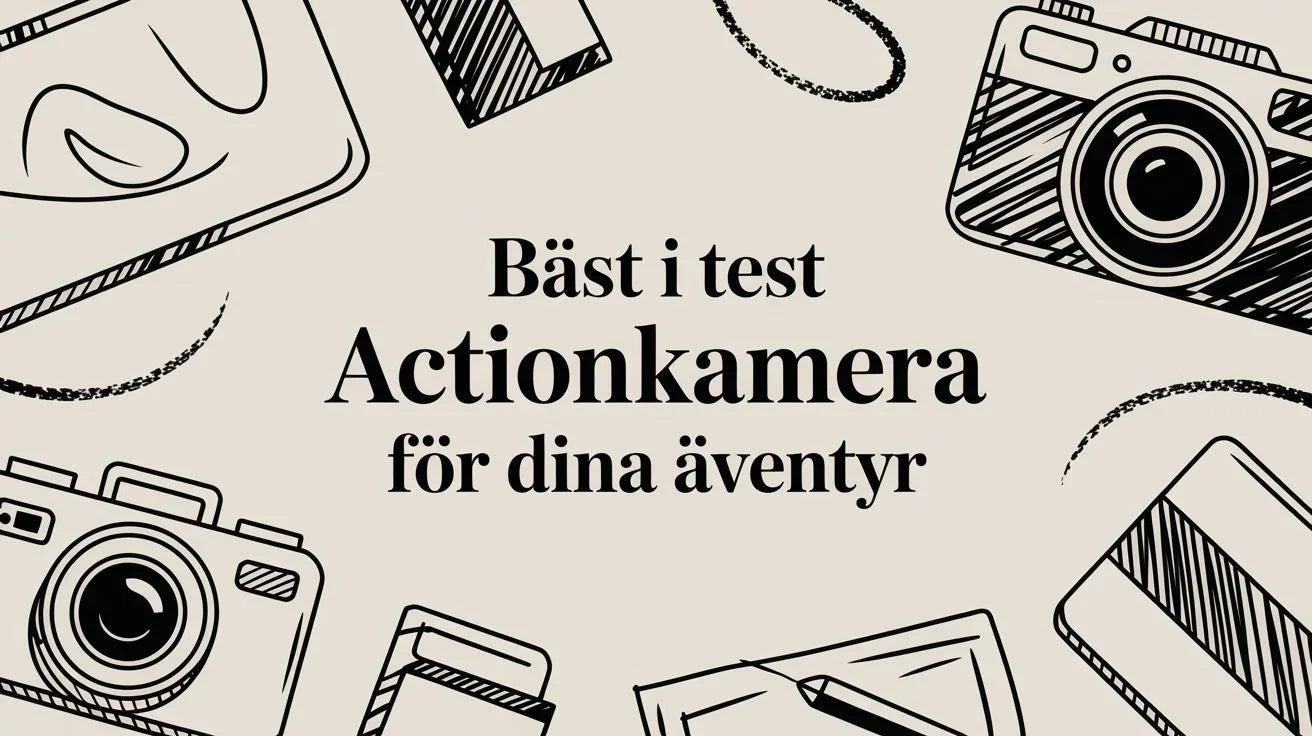 Bäst i test actionkamera reklam med svartvit kameraillustration för äventyrsfilmning