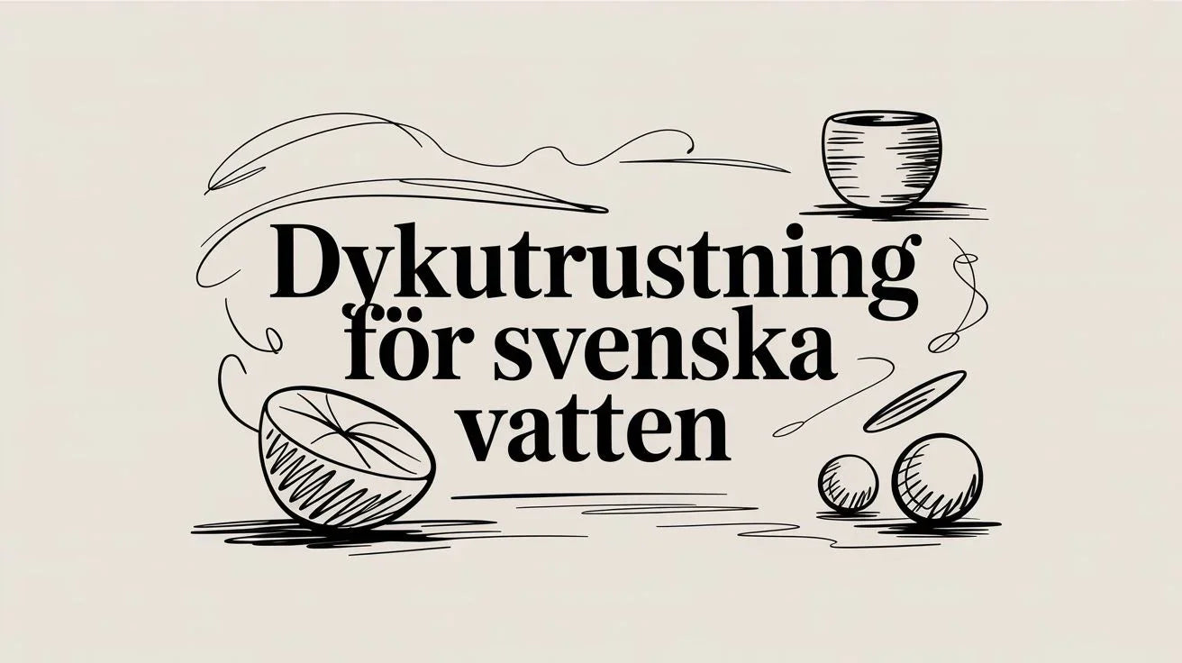 Svartvit illustration med texten 'Dykutrustning för svenska vatten' och abstrakta former på ljus bakgrund