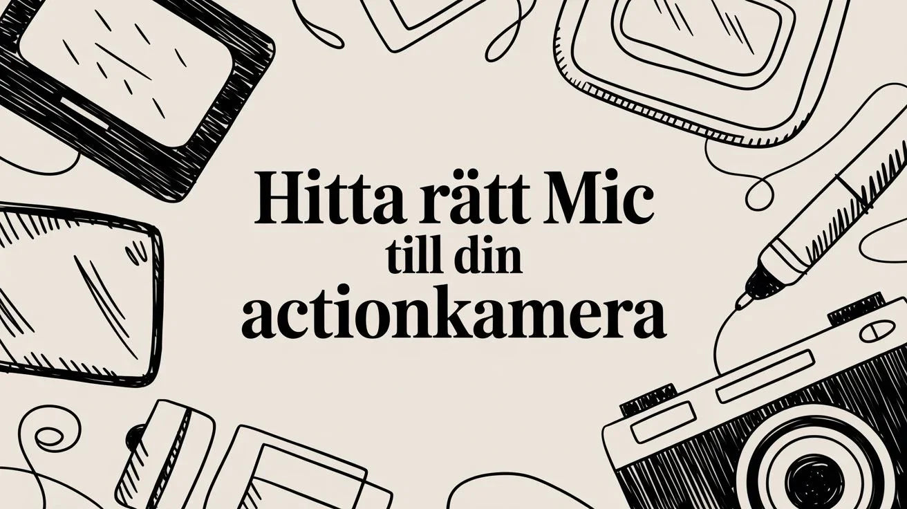 Tecknade actionkameror och mikrofon med svensk text om att hitta rätt mic till actionkamera