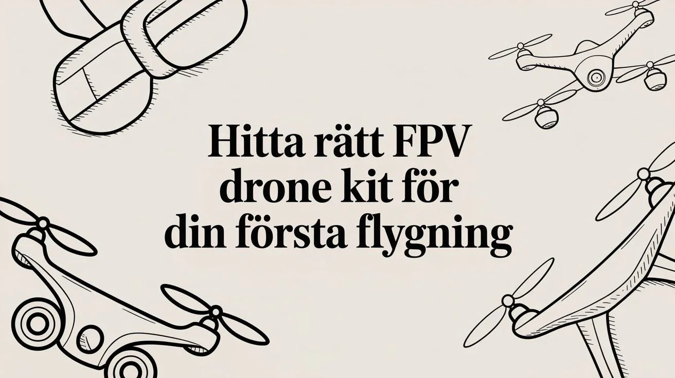 Illustration av FPV-droner med text om att hitta rätt FPV drone kit för första flygningen
