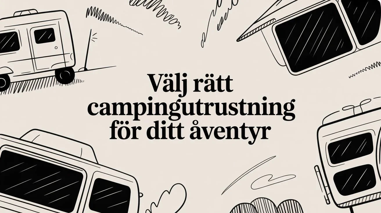 Svartvita teckningar av husbilar och campingfordon med texten välj rätt campingutrustning för ditt äventyr