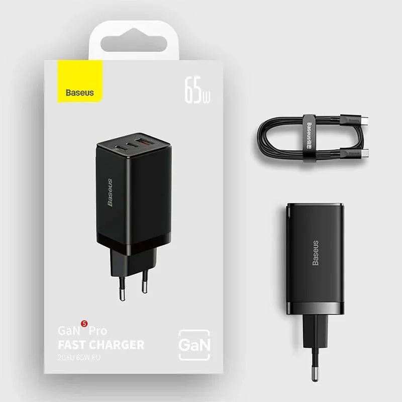 Baseus GaN5 PRO Fast Charger - Väggladdare - Snabbladdare QC4+ / PD 65W - 100-240V till USB - 3xUSB Typ A/C - Svart - Action King