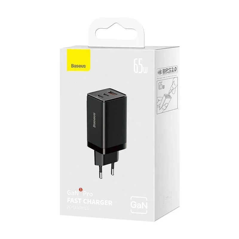 Baseus GaN5 PRO Fast Charger - Väggladdare - Snabbladdare QC4+ / PD 65W - 100-240V till USB - 3xUSB Typ A/C - Svart - Action King