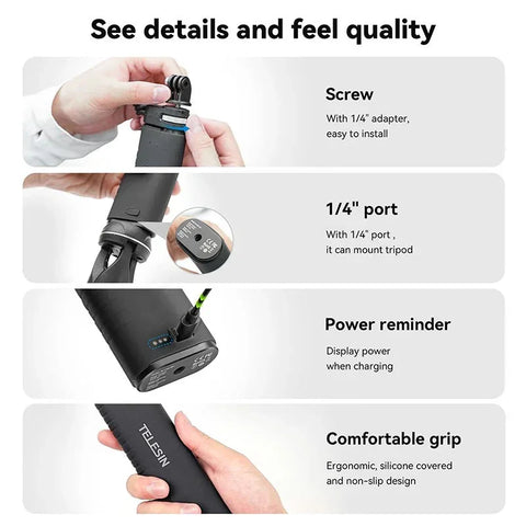 Telesin Selfie-keppi 10000mAh varavirtalähteellä, USB-C, QC / PD 18W, 216-900mm - Setti