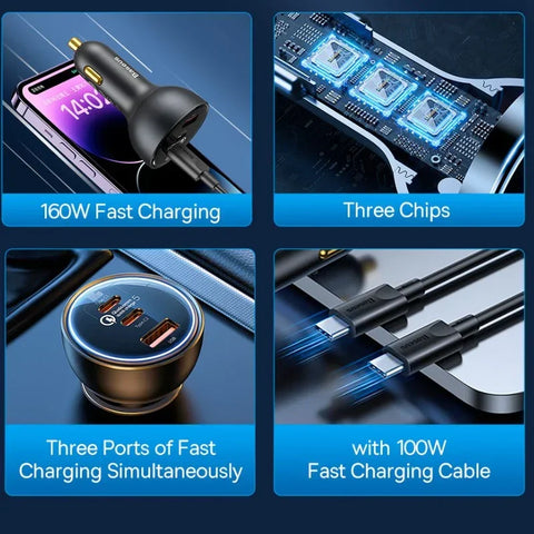 Baseus Qualcomm QC5 Car - Snabbladdare Bil QC5 / PPS 160W - 3xUSB Typ A/C - Svart