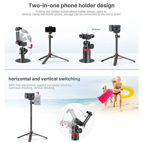 Ulanzi MT-44, V2 Kolmijalka Multi - Selfiekeppi 360° pallonivelellä 1/4" ruuvilla / Matkapuhelinteline / Lisävarustesovitin