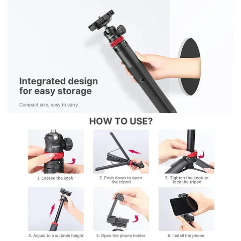 Ulanzi MT-44, V2 Kolmijalka Multi - Selfiekeppi 360° pallonivelellä 1/4" ruuvilla / Matkapuhelinteline / Lisävarustesovitin