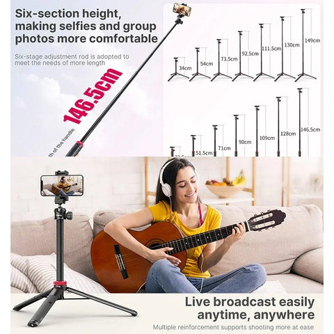 Ulanzi MT-44, V2 Kolmijalka Multi - Selfiekeppi 360° pallonivelellä 1/4" ruuvilla / Matkapuhelinteline / Lisävarustesovitin