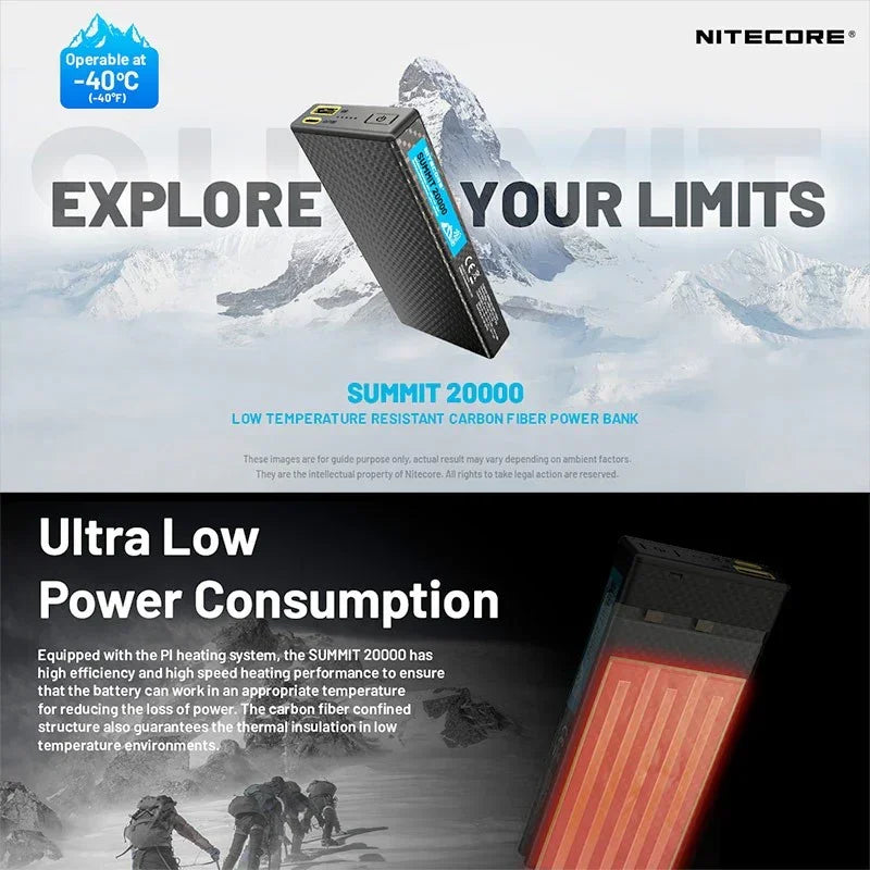 Nitecore Summit 20000 Powerbank – 20000mAh Extrem Kyla, USB-C PD 20W, Kolfiber - Action King