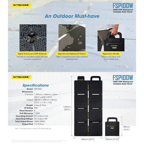 Nitecore FSP100W vedenpitävä taittuva aurinkopaneeli 100W - kannettava vedenpitävä aurinkopaneeli 100W