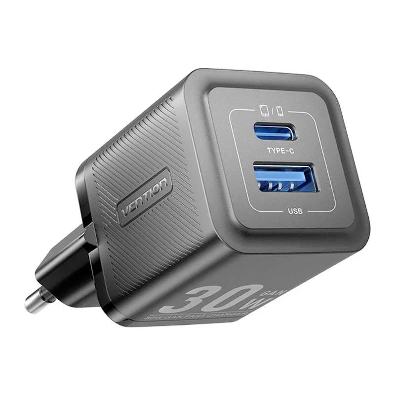 Vention Charger FEQB0-EU GaN - Väggladdare - Snabbladdare QC3.0+ / PD 30W - 100-240V, 2xUSB Typ A/C - Svart - Action King