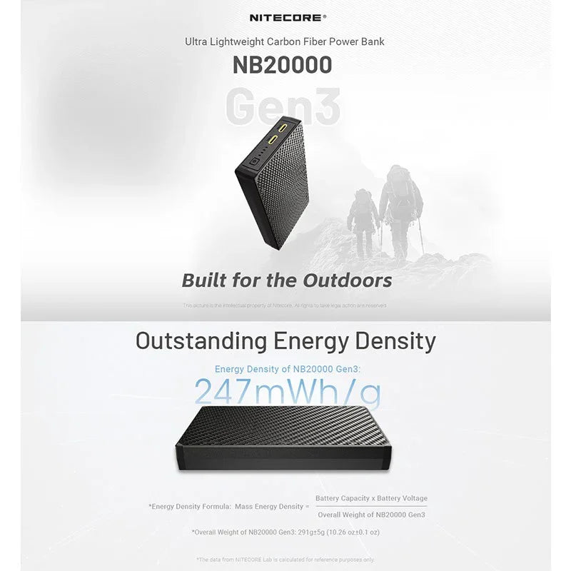 Nitecore NB20000 GEN3 Power bank - 20000mAh, 2xUSB-C, QC 3.0 / PD - Kolfiber - Action King