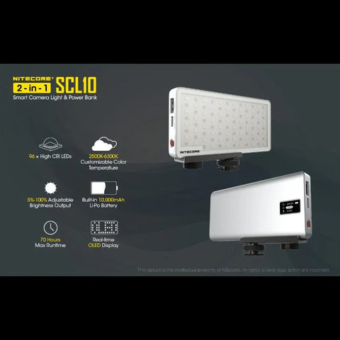 Nitecore SCL10 Älykäs Kameravalo &amp; Varavirtalähde 2-in-1 - LED-valaistus ja Kannettava Akku - 10000mAh, QC 3.0 / PD 18W