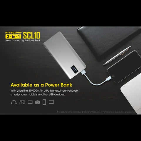 Nitecore SCL10 Älykäs Kameravalo &amp; Varavirtalähde 2-in-1 - LED-valaistus ja Kannettava Akku - 10000mAh, QC 3.0 / PD 18W