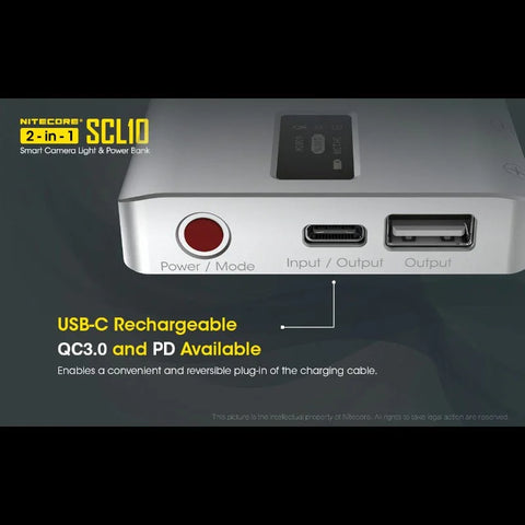 Nitecore SCL10 Älykäs Kameravalo &amp; Varavirtalähde 2-in-1 - LED-valaistus ja Kannettava Akku - 10000mAh, QC 3.0 / PD 18W