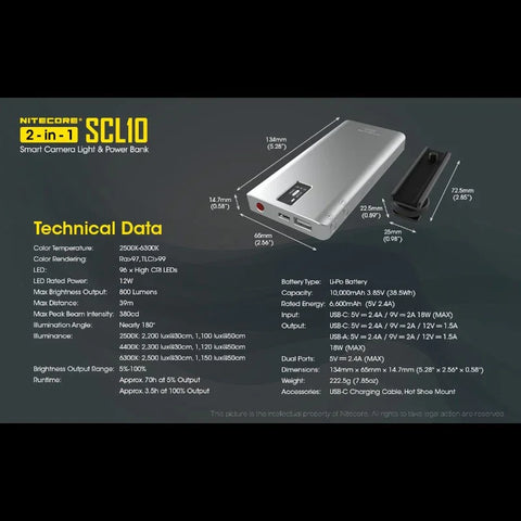 Nitecore SCL10 Älykäs Kameravalo &amp; Varavirtalähde 2-in-1 - LED-valaistus ja Kannettava Akku - 10000mAh, QC 3.0 / PD 18W