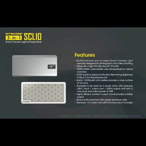 Nitecore SCL10 Älykäs Kameravalo &amp; Varavirtalähde 2-in-1 - LED-valaistus ja Kannettava Akku - 10000mAh, QC 3.0 / PD 18W