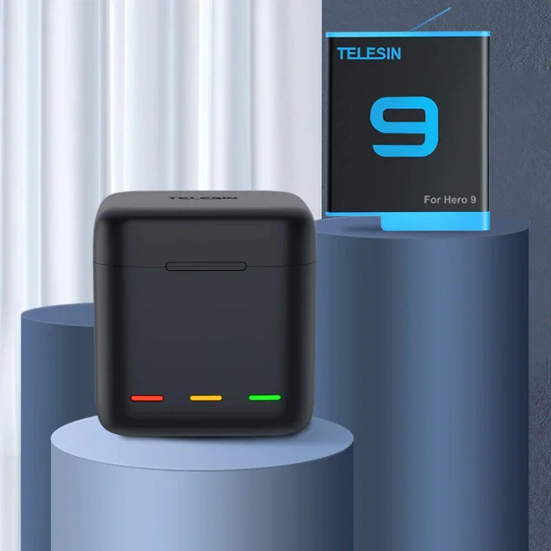 Telesin Batteriladdare med förvaring för batterier + microSD - Trippel - för GoPro Hero12/11/10/9 Black - Action King