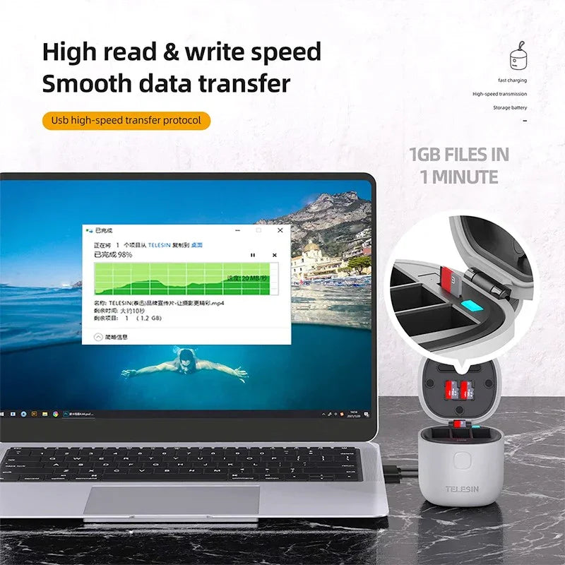 Telesin Batteriladdare allInBox med förvaring för batterier + microSD Läsare - Trippel - för GoPro Hero12/11/10/9 Black - Action King