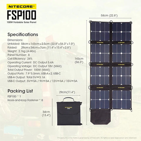 Nitecore FSP100 Taittuva Aurinkopaneeli 100W - Kannettava Aurinkopaneeli 100W