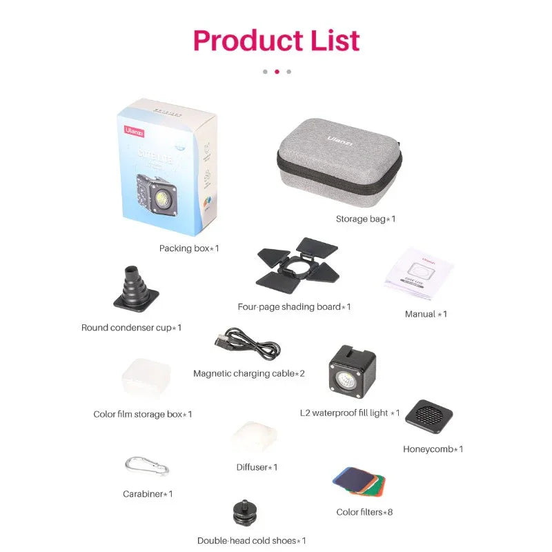 Ulanzi L2 Cute Light Vattentät Belysning LED för foto / video - 800mAh internt batteri - 1000 Lux - Kit - Action King