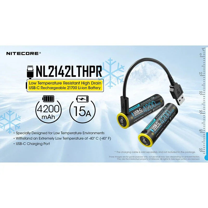 Nitecore NL2142LTHPR Li-ion 21700 Batteri Low Temp - 4200mAh, 3,6V, Max 15A, USB-C Laddning - Action King