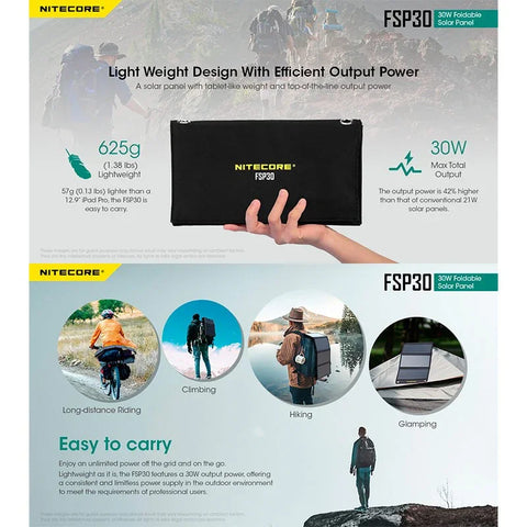 Nitecore FSP30 Taittuva Aurinkopaneeli 30W - Erittäin Kannettava Aurinkopaneeli 30W