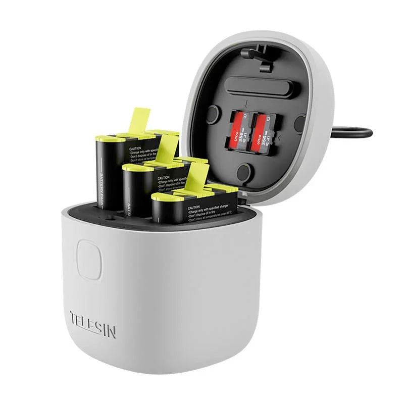 Telesin batterier 3st och allInBox med förvaring för batterier + microSD Läsare - Trippel - för GoPro Hero12/11/10/9 Black - Action King