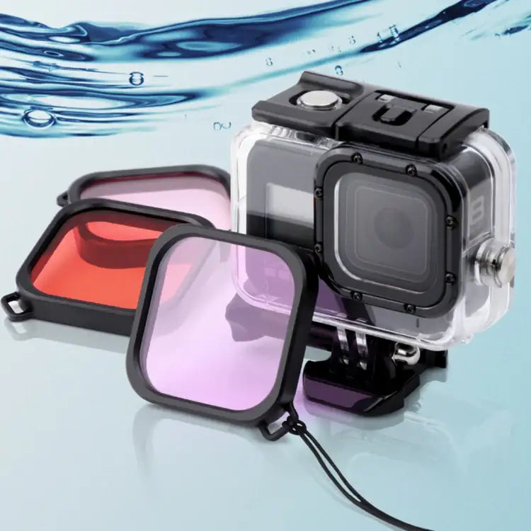 For GoPro HERO8 Black 45m Waterproof Housing Protective Case with Buckle Basic Mount & Screw & (Purple, Red, Pink) Filters & Floating Bobber Grip & Strap & Anti-Fog Inserts - Action King