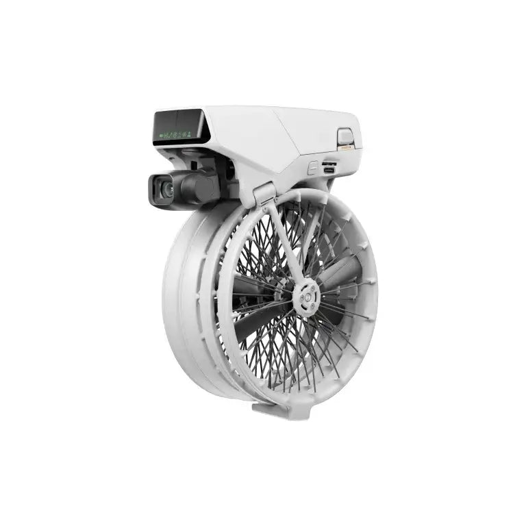 Vit DJI-Augmented Reality drönare med vridbar kamera och cirkulär propellerdesign