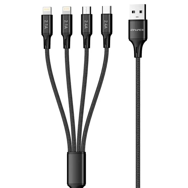Awei CL-129 4-i-1 universell laddkabel i svart, med USB-C, Micro USB och Lightning-kontakter.