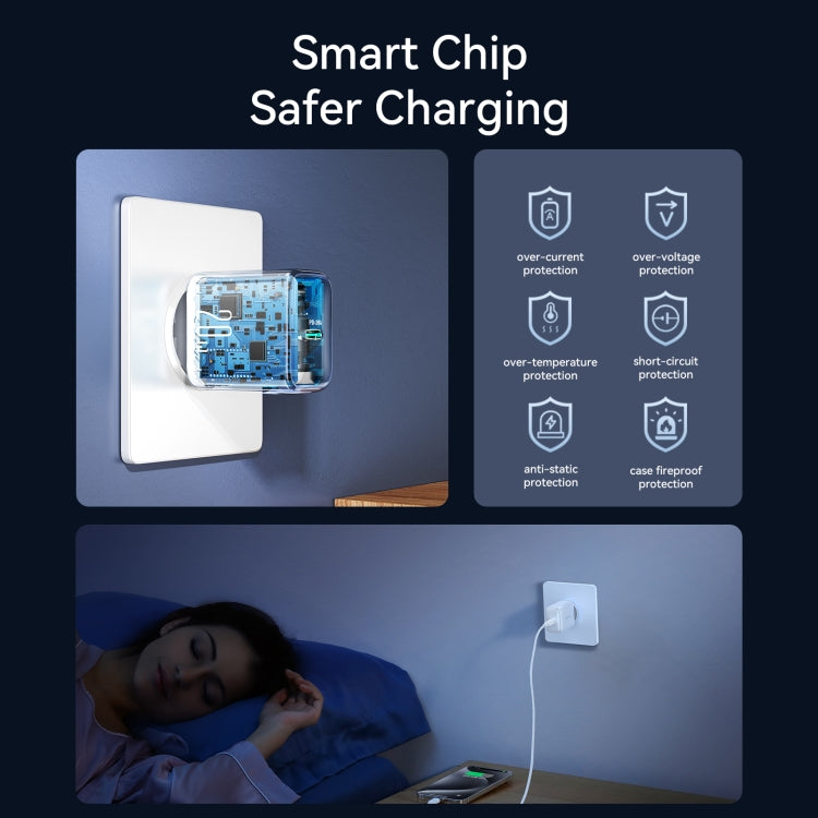 JOYROOM USB-C Laddare 20W med PD-teknik. Vit laddare ansluten till vägguttag, framifrån.