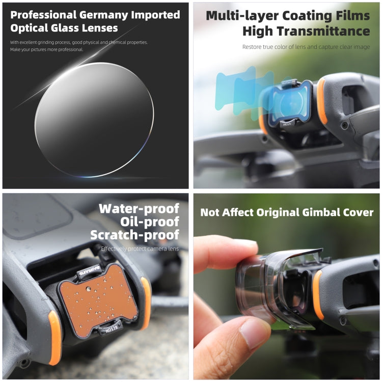 DJI Avata 2 Sunnylife -kameran linssisuodattimelle, MCUV, ND8, ND16, ND32, ND64, ND128, 4-in-1 ND8/16/32/64, 5-in-1 ND8/16/32/64/128, 4-in-1 MCUV ND8/16/32, 6-in-1 MCUV ND8/16/32/64/128