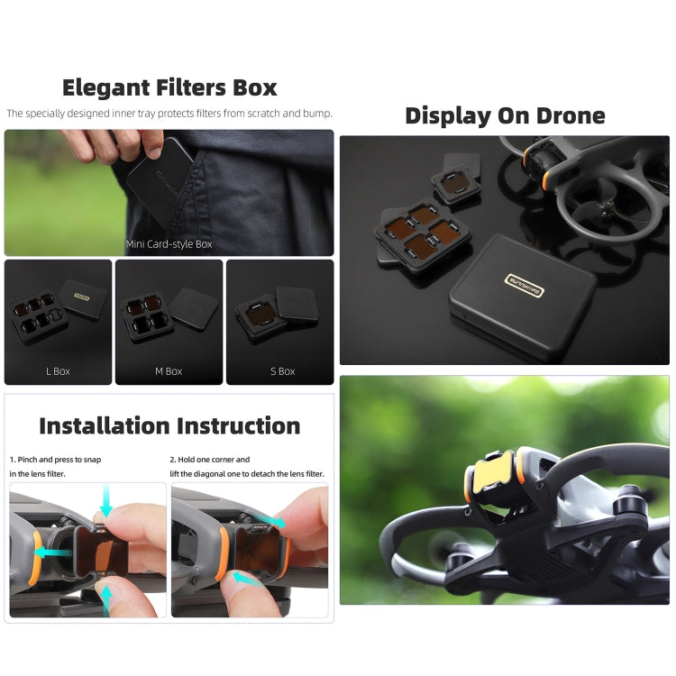 DJI Avata 2 Sunnylife -kameran linssisuodattimelle, MCUV, ND8, ND16, ND32, ND64, ND128, 4-in-1 ND8/16/32/64, 5-in-1 ND8/16/32/64/128, 4-in-1 MCUV ND8/16/32, 6-in-1 MCUV ND8/16/32/64/128