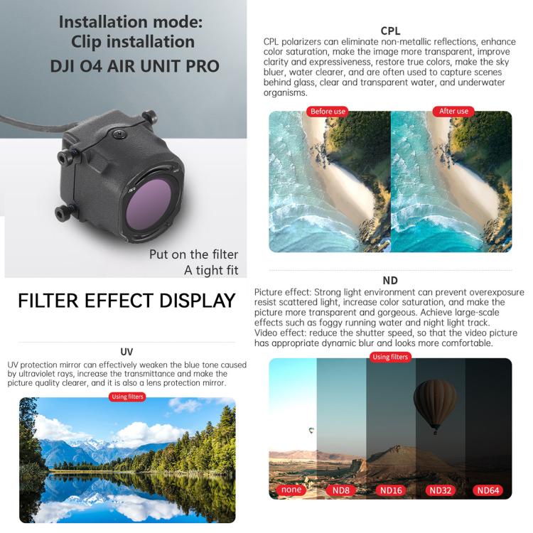 DJI O4 Air Unit Pro / Avata 2 JSR YB -sarjan kameran linssisuodatin, MCUV, CPL, ND8, ND16, ND32, ND64, ND256, ND8PL, ND16PL, ND32PL, ND64PL, NIGHT, STAR, MCUV x 2, MCUV x 3, 3 in 1 CPL ND8/16, 4 in 1 ND, 4 in 1 NDPL, 6 in 1 ND8-64 UV CPL...