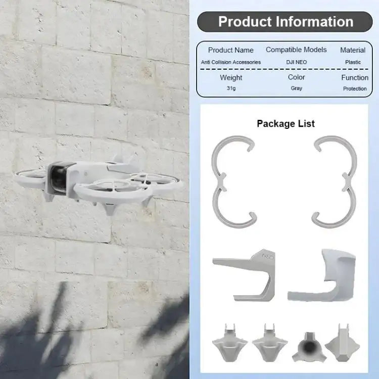 DJI Neo Propellerskydd monterade på drönare, skyddar propellrar och förhindrar skador.